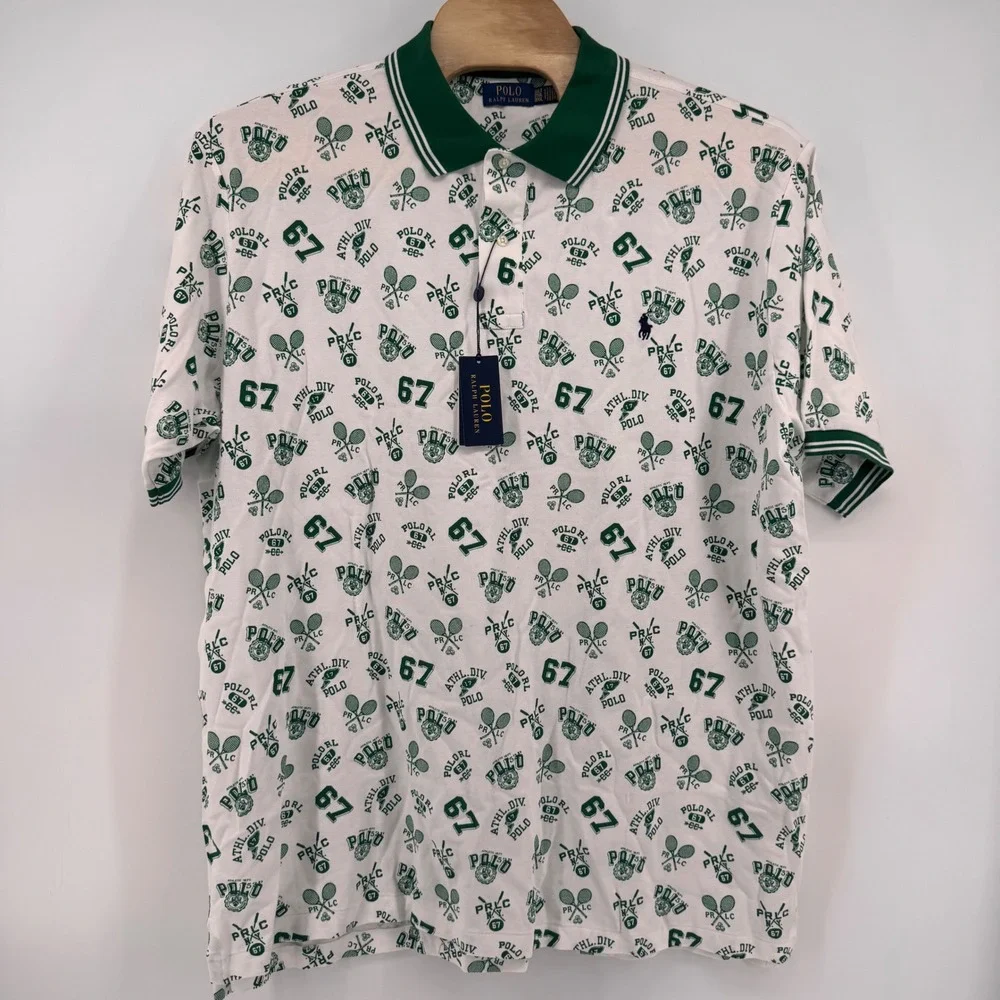 Polo Ralph Lauren Polo Shirt Mens 3XLT White Green Tennis Graphic Print New